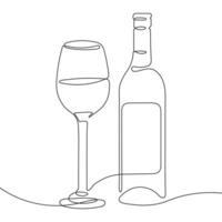 Wine bottle and glass with wine, one line sketch. Line art, vector