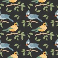 Seamless pattern, cute bright birds on tree branches on a dark background. Spring illustration in flat cartoon style. Vector