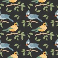 Seamless pattern, cute bright birds on tree branches on a dark background. Spring illustration in flat cartoon style. Vector