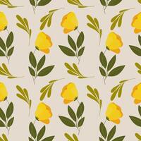 Seamless pattern, yellow tulip flowers and twigs with leaves on a light green background. Floral background, textile, vector. vector