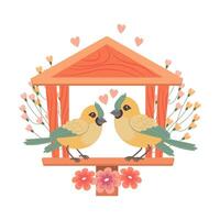 Cute birdhouse with birds, decorated with flowers and leaves. Spring clip art in flat cartoon style. Spring holiday illustration. Vector