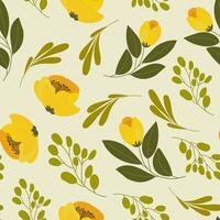 Seamless pattern, yellow tulip flowers and twigs with leaves on a light green background. Floral background, textile, vector. vector