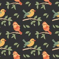 Seamless pattern, cute bright birds on tree branches on a dark background. Spring illustration in flat cartoon style. Vector