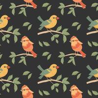 Seamless pattern, cute bright birds on tree branches on a dark background. Spring illustration in flat cartoon style. Vector