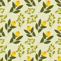 Seamless pattern, yellow tulip flowers and twigs with leaves on a light green background. Floral background, textile, vector. vector