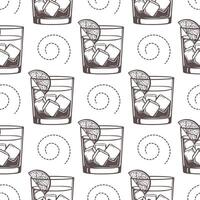 Seamless pattern, silhouettes of glasses with cocktail, olives and cherries. Splash of cocktails. Line art, vector