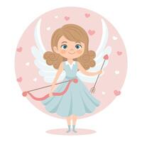 linda niña Cupido personaje con arco y flecha, ángel muchacha. San Valentín día tarjeta, pastel colores. vector ilustración en plano dibujos animados estilo