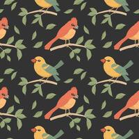 Seamless pattern, cute bright birds on tree branches on a dark background. Spring illustration in flat cartoon style. Vector