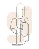 Wine bottle and glass with wine, one line sketch. Line art, vector