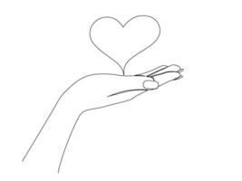 One continuous line drawing of hand holding heart. Donor Day Concept. Vector illustration