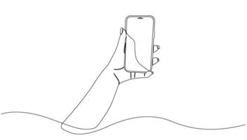 Continuous single line drawing of a hand with a cell phone. Smartphone in hand . Single line editable vector graphic illustration.