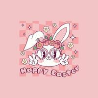 cute retro illustration of bunny with flower crown on his head for easter vector