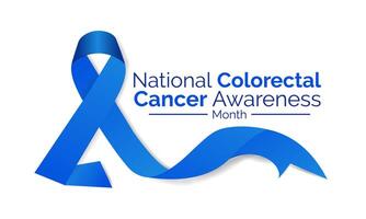 Colorectal Cancer awareness month is March.  Banner, poster, card, background design with  blue ribbon and text. Vector illustration.