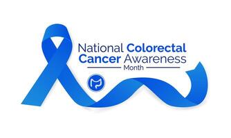 Colorectal Cancer awareness month is March.  Banner, poster, card, background design with  blue ribbon and text. Vector illustration.