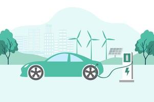 Electric car, EV car, car charging battery at electric charging station with solar panel and wind turbines. Sustainable green energy for ecology environment. Futuristic transportation technology. vector