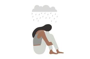 triste y Deprimido mujer abrazo su rodilla sentado en ventana.infeliz y estresado, psicología, depresión, estrés, mental salud.y soledad vector ilustración.