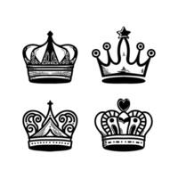 Doodle set crown line art, vector illustration.