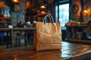 AI generated Close-up of a paper bag standing on a table in a store photo