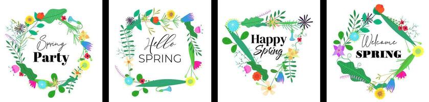 Hello spring banner templates. Abstract drawing flowers geometric figure wreath set. Round, triangular, square and rhombus floral bouquet art card collection. Summer blooms poster. Herbal eps plants vector