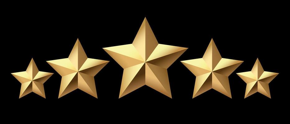 Five golden stars isolated on black background. Rating stars icon. black background