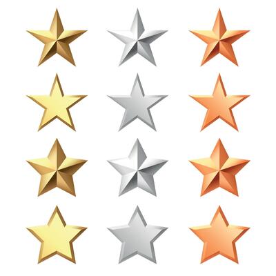 Golden, bronze, silver glossy metallic stars 3d realistic style. 1, 2, 3 place symbols.