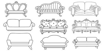 sofá línea iconos mueble diseño. colección de sofá ilustración. moderno mueble conjunto aislado en blanco antecedentes. vector