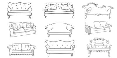 Sofa line Icons. Furniture design. Collection of sofa illustration. Modern furniture set isolated on white background. vector