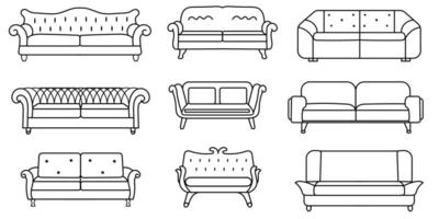 Sofa line Icons. Furniture design. Collection of sofa illustration. Modern furniture set isolated on white background. vector