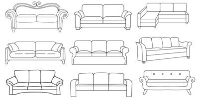 Sofa line Icons. Furniture design. Collection of sofa illustration. Modern furniture set isolated on white background. vector