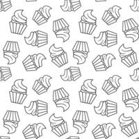 Seamless line monochrome pattern with muffin. Cupcake. Outline hand drawn sketches. vector