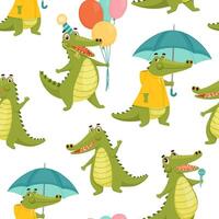 Seamless pattern for kids. Funny crocodile in cap holds balloons and laughs. Vector animal character on white background