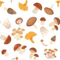 sin costura modelo con comestible Fresco todo hongos para Cocinando japonés platos. shiitake boletus, shimeji, morilla, boleto. plano dibujos animados vector comida en blanco antecedentes.