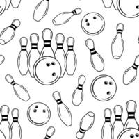 Seamless line monochrome pattern with bowling pins and ball. Simple outline skittles with ball. Vector sport background.