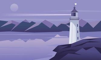 Lighthouse on seashore at night. Vector illustration.