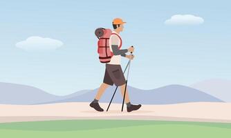Man hiker with backpack. Hiking or trekking. Vector illustration.