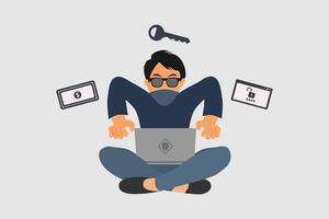 Hacker or Cyber criminal with laptop stealing user personal data. Internet phishing concept vector illustration.