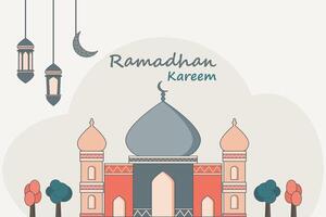 Ramadhan Kareem Concept. Islamic background design with mosque and ornament. Vector illustration.