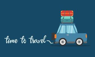 Time to travel concept poster. Travel by car. Road trip. Vector illustration.