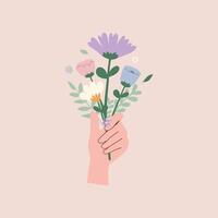 Flat hand drawn vector illustration of cute pastel hand holding wild flowers. Decorative element for card, postcard, sticker, banner, invitation, social media poster. Wedding, birthday, love concept