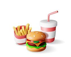 3D Cup of Cola with Fries and Cheeseburger vector