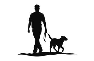 hombres caminando con perro negro silueta vector aislado en un blanco antecedentes