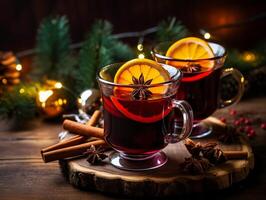 AI generated AI Generated delicious Christmas mulled wine drink with citrus, cinnamon, spices. photo