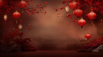 AI generated AI Generated Chinese lunar new year background design concept with lantern and festive decoration. photo