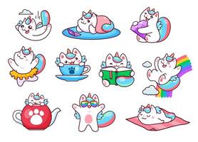 Cartoon funny cute caticorn characters, kitty vector