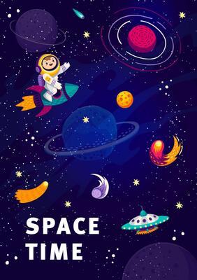 Cartoon spaceman on rocket in starry galaxy