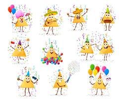 dibujos animados nachos papas fritas caracteres en cumpleaños fiesta vector