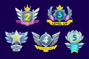 Game interface level up badges with wings, crystal vector