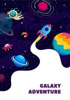 galaxia aventuras póster. cohete astronave lanzamiento vector