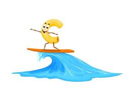 Surfer macaroni character riding wave on surfboard vector