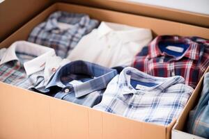 AI generated Clean, neatly folded checkered shirts placed in a cardboard box. A charity, donation or second-hand concept photo